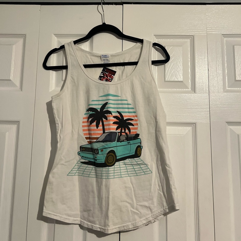 White Tank Top with Volkswagen Print